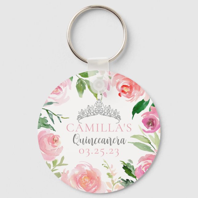 Chaveiro Partido bonito Rosa da Quinceañera Silver Tiara (Frente)
