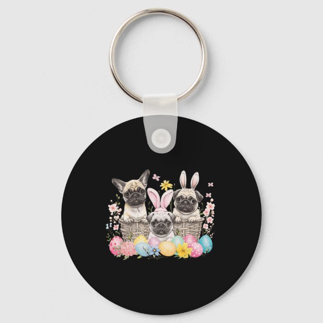 Chaveiro Páscoa Três Pug Cute Páscoa Coelhinha Arte (Frente)