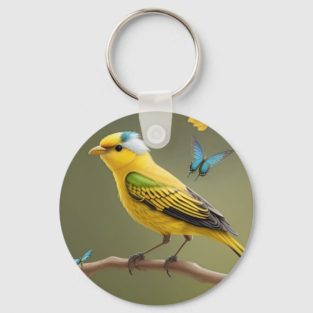 Chaveiro Pássaro Amarelo vibrante amassado em meio a borbol (Frente)