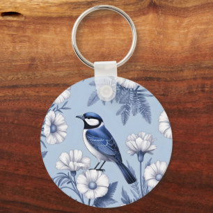 Chaveiro Pássaro Azul Elegante e Padrão Floral Branco