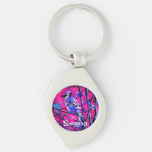 Chaveiro Pássaro Azul Gaio Galho da Árvore Rosa Personaliza