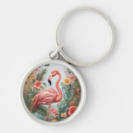 Chaveiro Pássaro Flamingo Rosa Elegante e Flores Tropicais