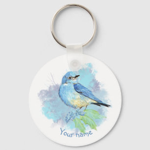 Chaveiro Pássaro Jardim Azul Bonito Arte em Aquarela Azul