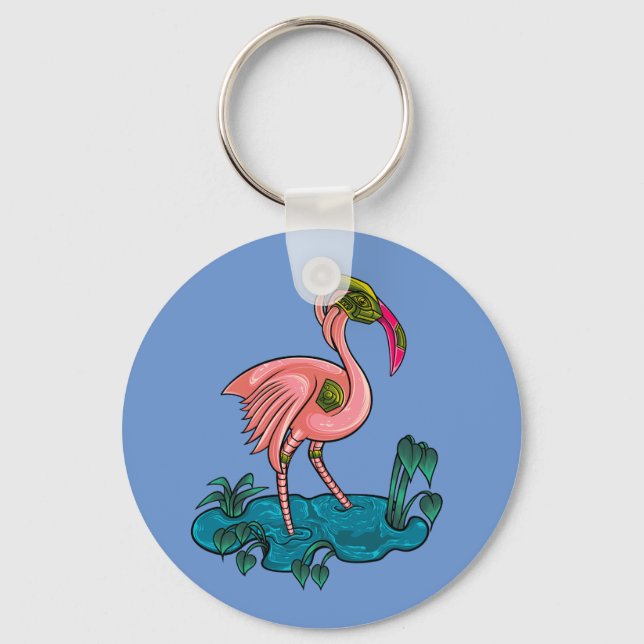 Chaveiro Pássaro Mecânico, Robô Flamingo Mecha Rosa (Frente)