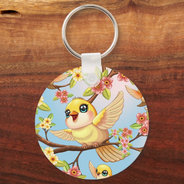 Chaveiro Pássaros bonitos e felizes entre as flores da prim (Frente)