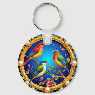 Chaveiro Pássaros Coloridos em Moldura Dourada Ornamentada