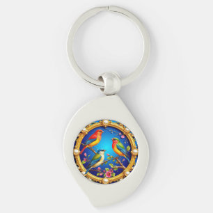 Chaveiro Pássaros Coloridos em Moldura Dourada Ornamentada