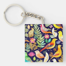 Pássaros coloridos padrão floral decor azul