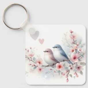 Chaveiro Pássaros de Amor Romântico no Ramo de Cerejeira em