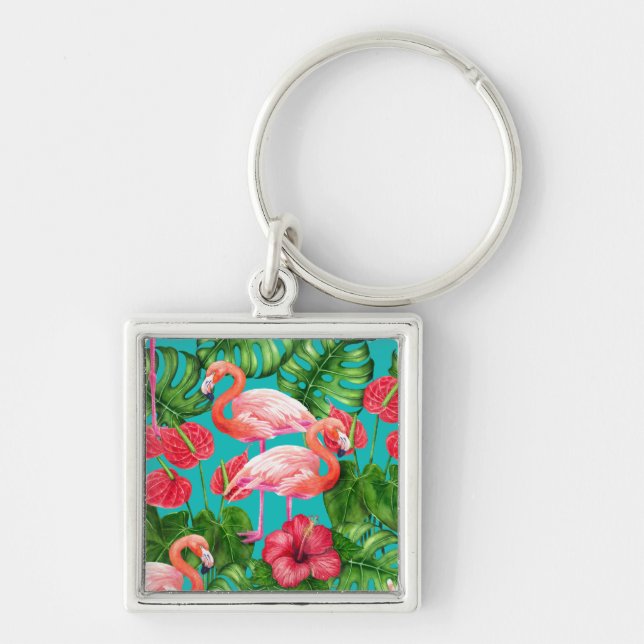 Chaveiro Pássaros Flamingo e aquarela de jardim tropical (Frente)