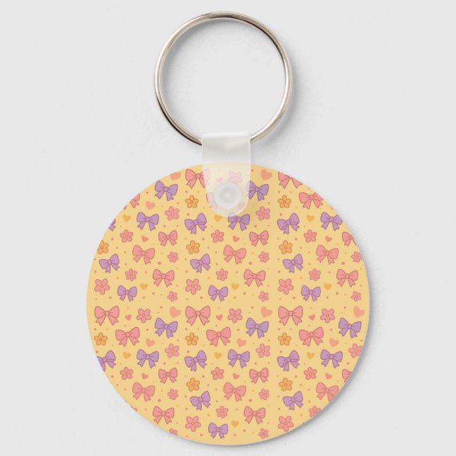 Chaveiro Pastel Bows & Flowers Pattern – Cute Yellow Girly  (Frente)