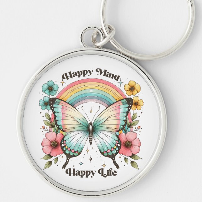 Chaveiro Pastel Hippie "Feliz Mente Feliz Vida" (Frente)