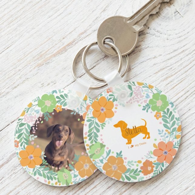 Chaveiro Pastel Orange Dachshund Custom Name & Photo (Criador carregado)