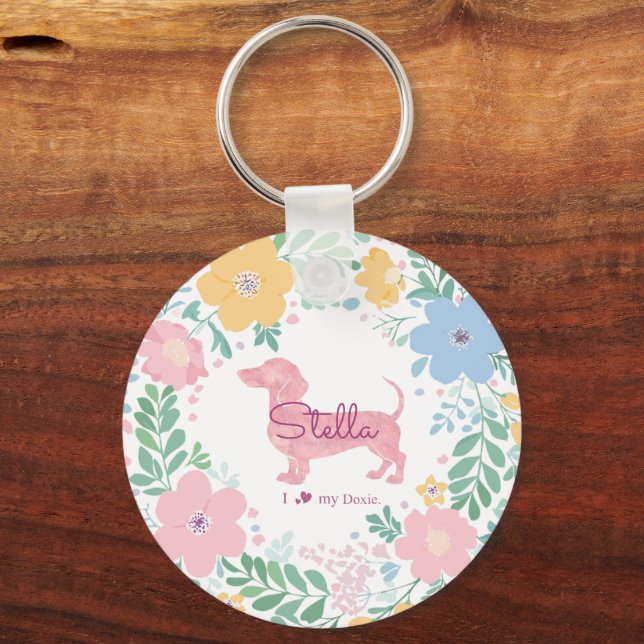 Chaveiro Pastel Pink Dachshund Name & Photo with Wreath (Frente)