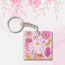 Chaveiro Pastel Pink Halloween Ghost with Flowers and Pumpk