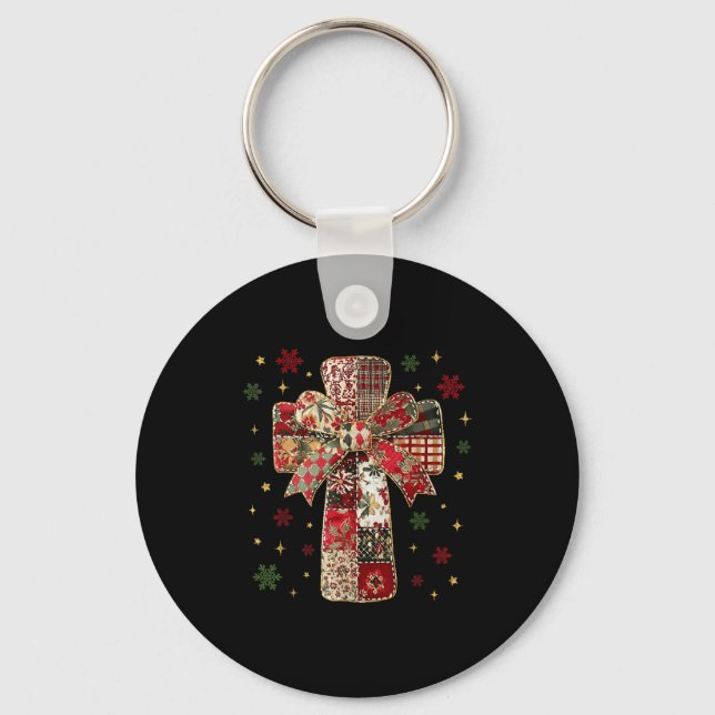 Chaveiro Patchwork Cross Christian Christmas Coquette Bow  (Frente)