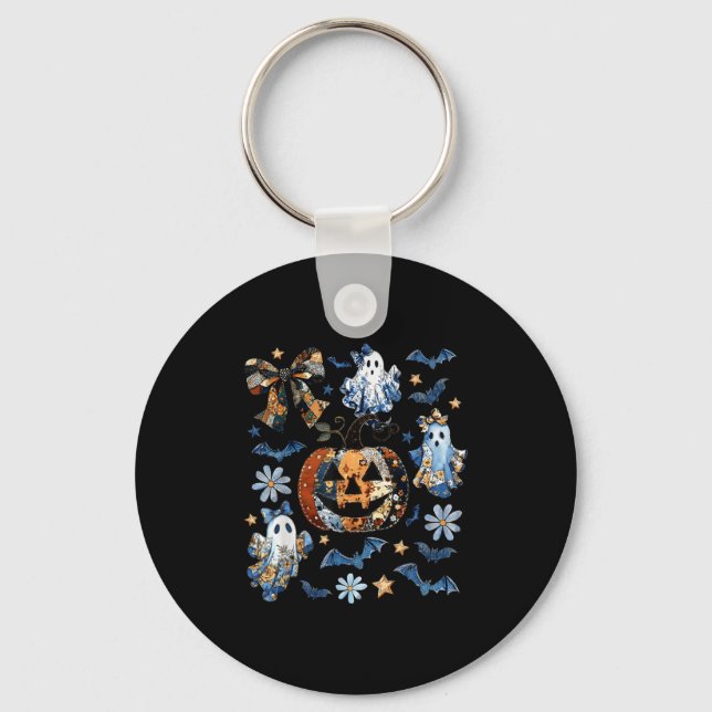 Chaveiro Patchwork Floral de Denim Azul Pumpkin Ghost Coque (Frente)