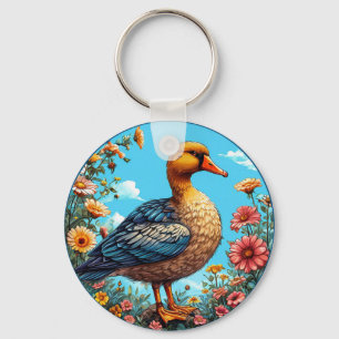 Chaveiro Pato Colorido em Pé Entre Flores Vibrantes