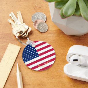 Chaveiro Patriótica EUA Bandeira Americana Faux Dourado Mon