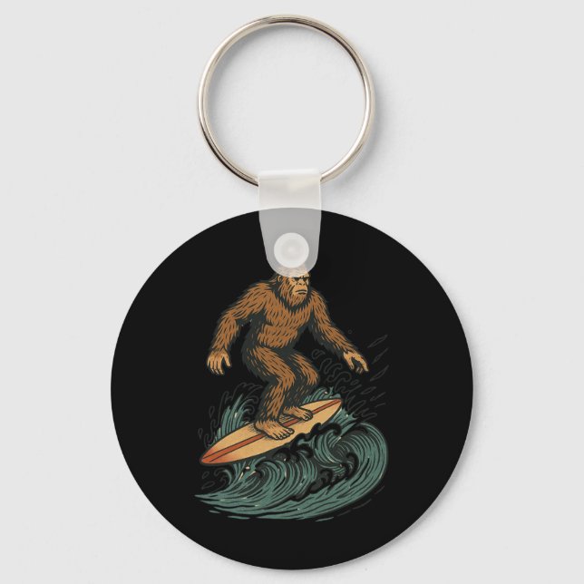 Chaveiro Pé Grande Surfando Arte Retro de Praia de Criptozo (Frente)