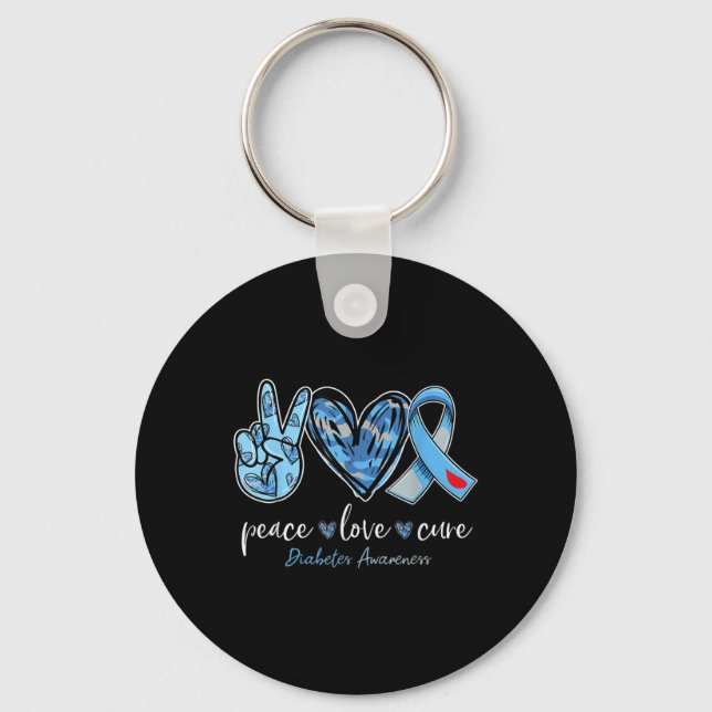 Chaveiro Peace Love Cure Blue Ribbon Diabetes Mon (Frente)