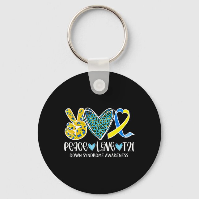 Chaveiro Peace Love Cure Blue & Yellow Ribbon Down Syndrome (Frente)