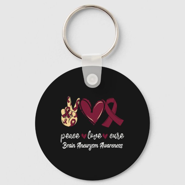 Chaveiro Peace Love Cure Brain Aneurysm Burgundy Ribbon Awa (Frente)