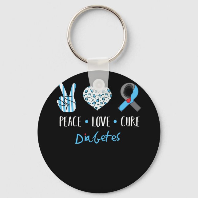Chaveiro Peace Love Cure Cinza Blue Ribbon Tipo 1 Diabetes  (Frente)