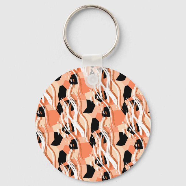 Chaveiro Peach Black White Abstrato Pattern. (Frente)