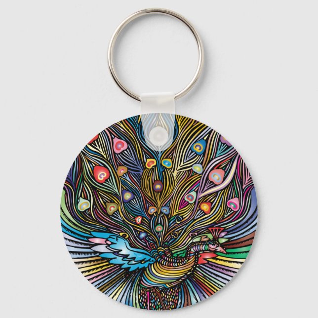Chaveiro Peacock surpreendente na arte do estilo Huichol (Frente)