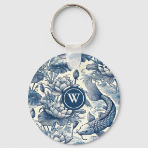 Chaveiro Peixe Koi Lírio de Água Azul Chinoiserie Toile Ini