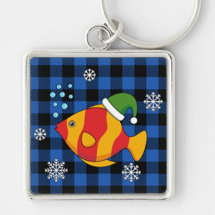 Chaveiro Peixe Tropical de Natal Cartoon em Padrão Buffalo 