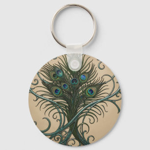 Chaveiro Penas de Pavão Arte Nova Moldura Teal Ornata