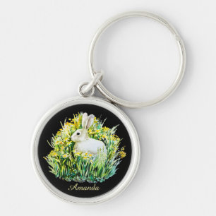 Chaveiro Pequeno coelho branco e flores