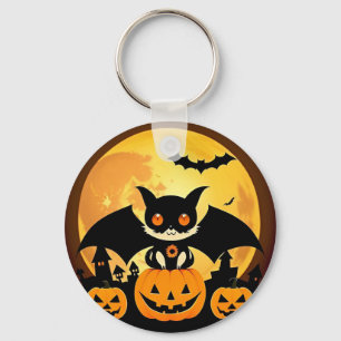 Chaveiro Personagem de Gato de Halloween Fofo com Abóboras