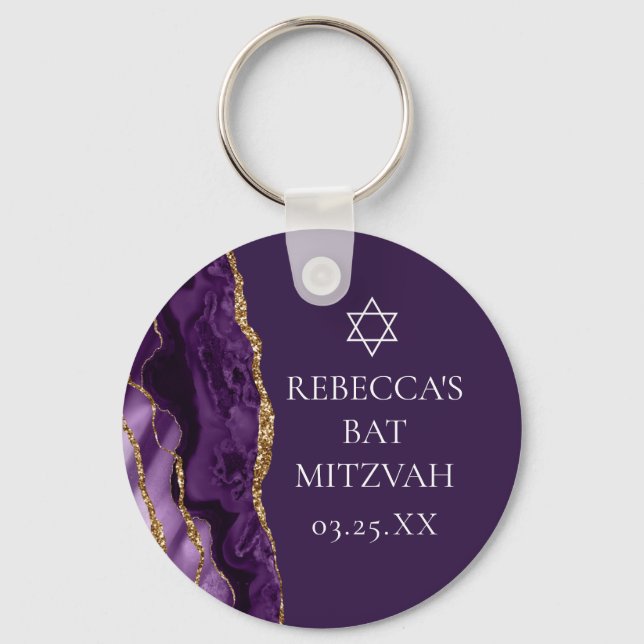 Chaveiro Personalizado do Partido Agate Mitzvah Dourado Púr (Frente)