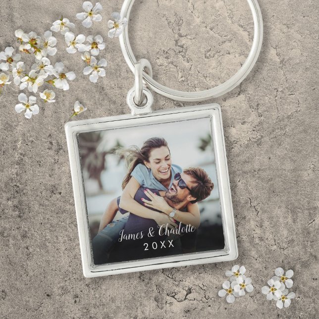 Chaveiro Personalizado Script Elegante Moderno Simples Foto (Personalized Simple Modern Elegant Script Photo Keychain)
