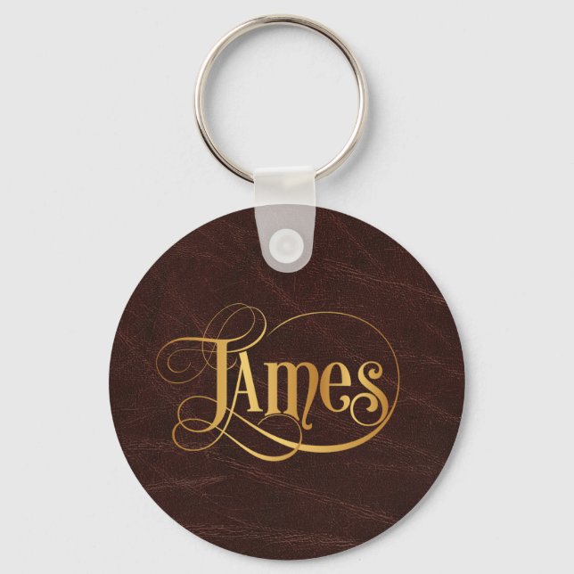 Chaveiro Personalizado Script Suave James Dourado em Couro (Frente)