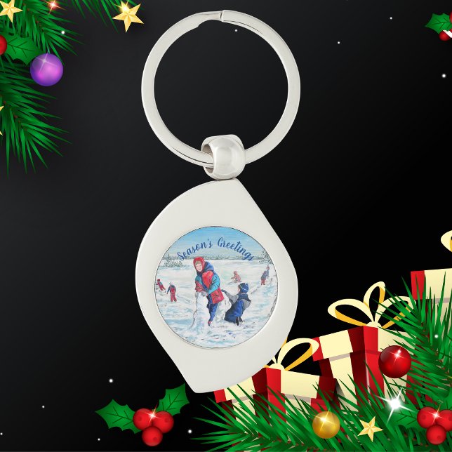 Chaveiro PERSONALIZAR Cena de Pintura de Inverno de Azul e  (Elegant Keychain with wintery children playing landscape.)
