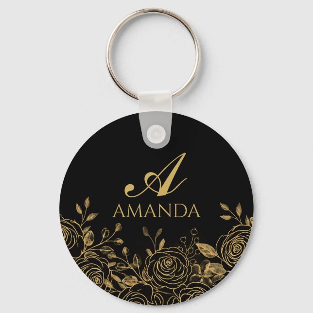 Chaveiro Personalizar o nome Dourado da flor de luxo (Frente)
