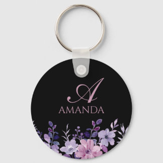 Chaveiro Personalizar o nome Purple Flower Black