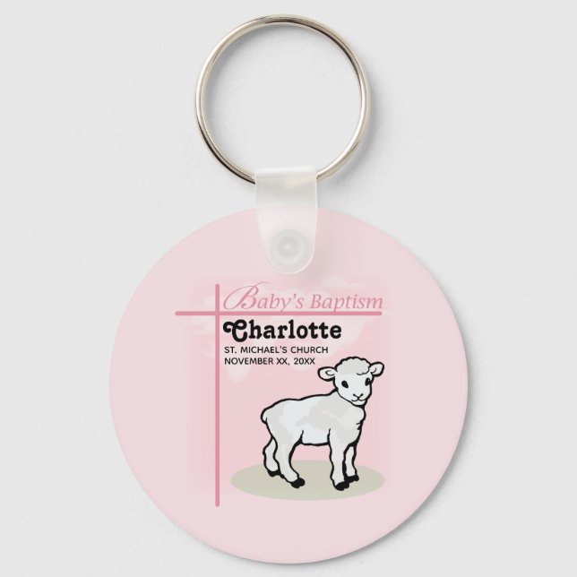 Chaveiro Personalizável, Batismo, Rosa, Menina, Cordeiro (Frente)