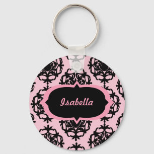 Chaveiro Personalized Black Damask on Pink Keychain