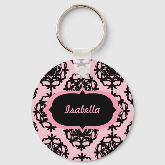Chaveiro Personalized Black Damask on Pink Keychain (Frente)