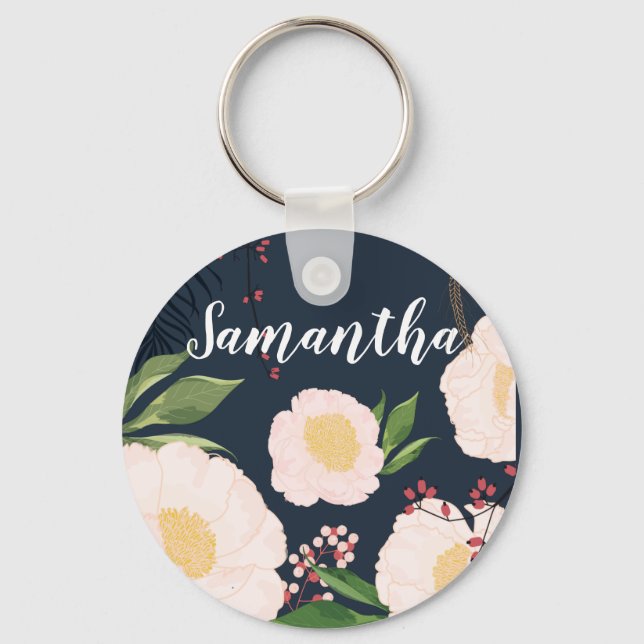 Chaveiro Personalized Key Chain White Floral Flowers on Dar (Frente)