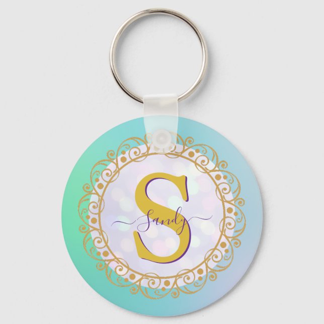 Chaveiro Personalized Monogram Mandala Gold and Blue (Frente)