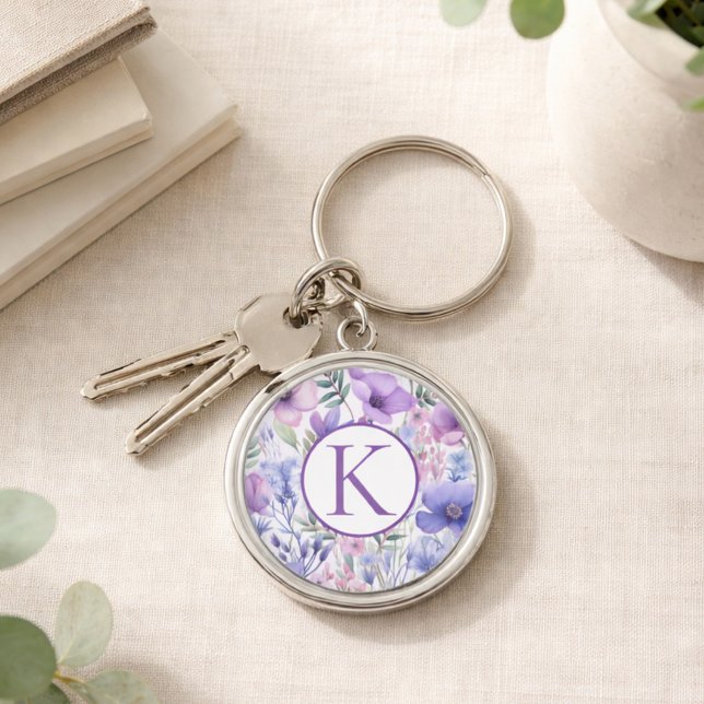 Chaveiro Personalized Monogram Purple Floral Elegant (Criador carregado)