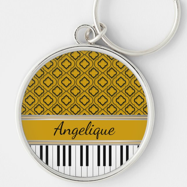 Chaveiro Personalized Piano Keys Black Quatrefoil on Gold (Frente)