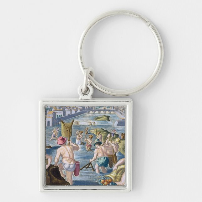 Chaveiro Pescando em águas rasas usando redes, chapeie 96 (Frente)