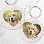 Chaveiro Pet dog foto dentro coração com nome rosa<br><div class="desc">Palavra-chave colorida rosa ou personalizada que apresenta seu coração de dentro de foto de animais de estimação com o nome em uma fonte de script de estilo manuscrito. Impressão frente e verso.</div>